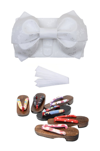 Obi belt and geta sandals set : Pre-tied / White #112 (TI)