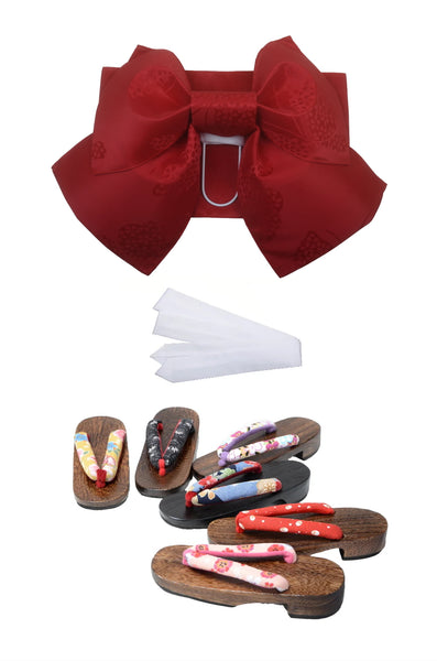 Obi belt and geta sandals set : Pre-tied / Red #102 (EM)