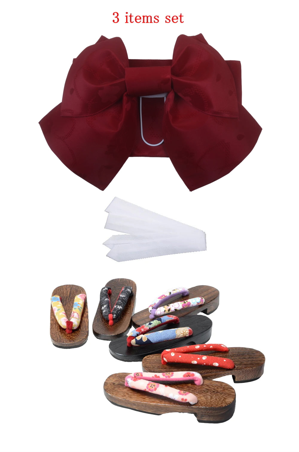 Obi belt and geta sandals set : Pre-tied / Dark red #101 (EM)