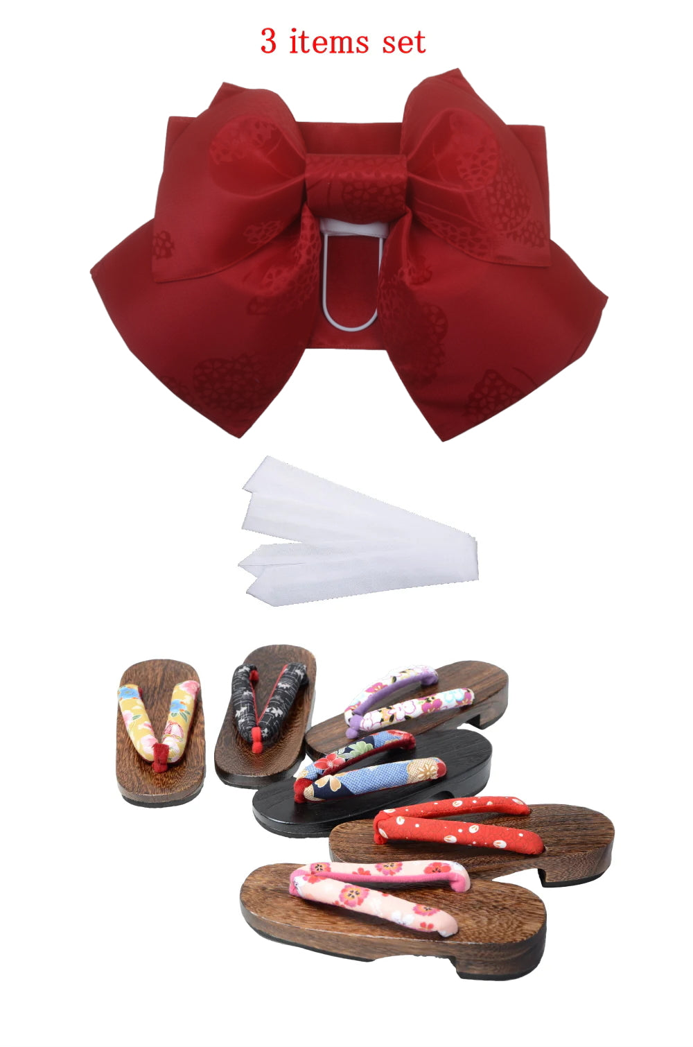 Obi belt and geta sandals set : Pre-tied / Red #102 (EM)