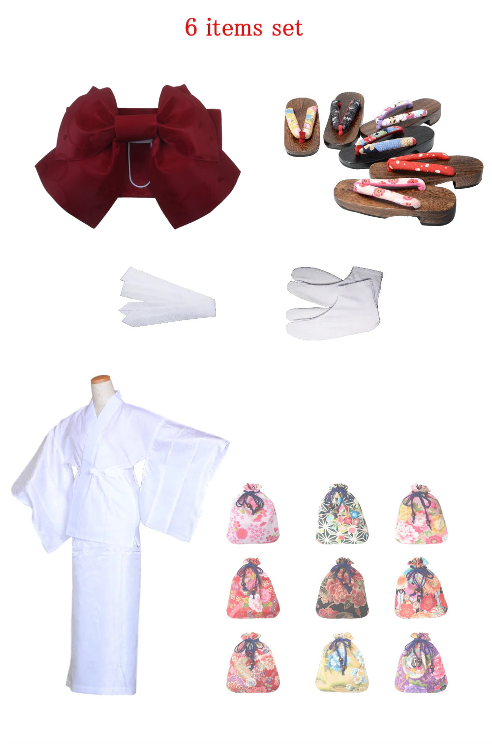 Obi belt and geta sandals set : Pre-tied / Dark red #101 (EM)
