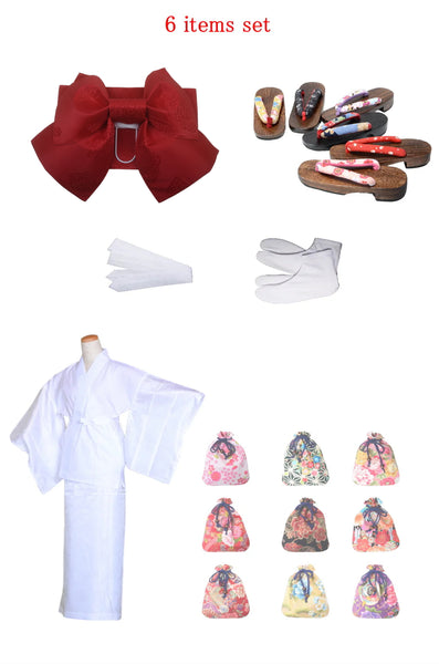 Obi belt and geta sandals set : Pre-tied / Red #102 (EM)