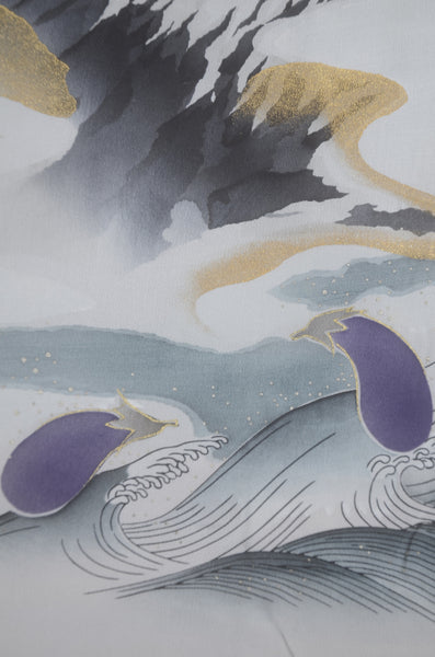 Men Jacket / M-Ha #1-726 (Men’s Kimono with Auspicious “First Dream” Motif – Mt. Fuji, Hawk, and Eggplant)