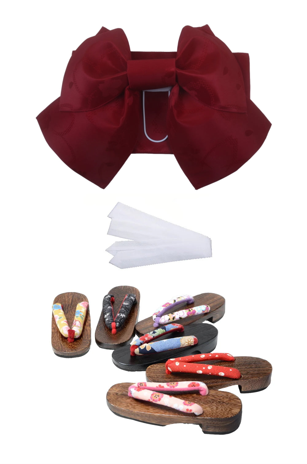 Obi belt and geta sandals set : Pre-tied / Dark red #101 (EM)