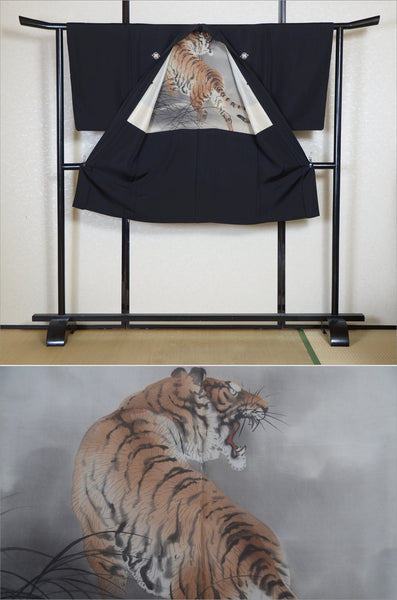 Men Jacket / M-Ha #1-716(Formal Black Montsuki Haori with Fierce Tiger Motif)