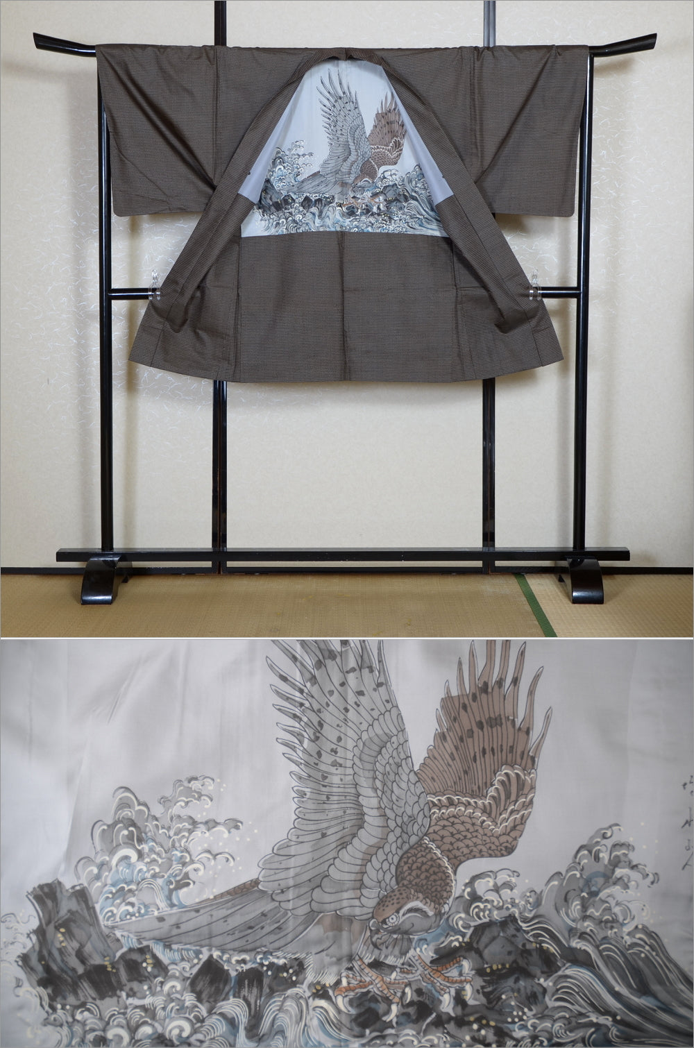 Men Jacket / M-Ha #1-757 (Men’s Kimono with Hawk and Waves Design – Powerful Traditional Motif)