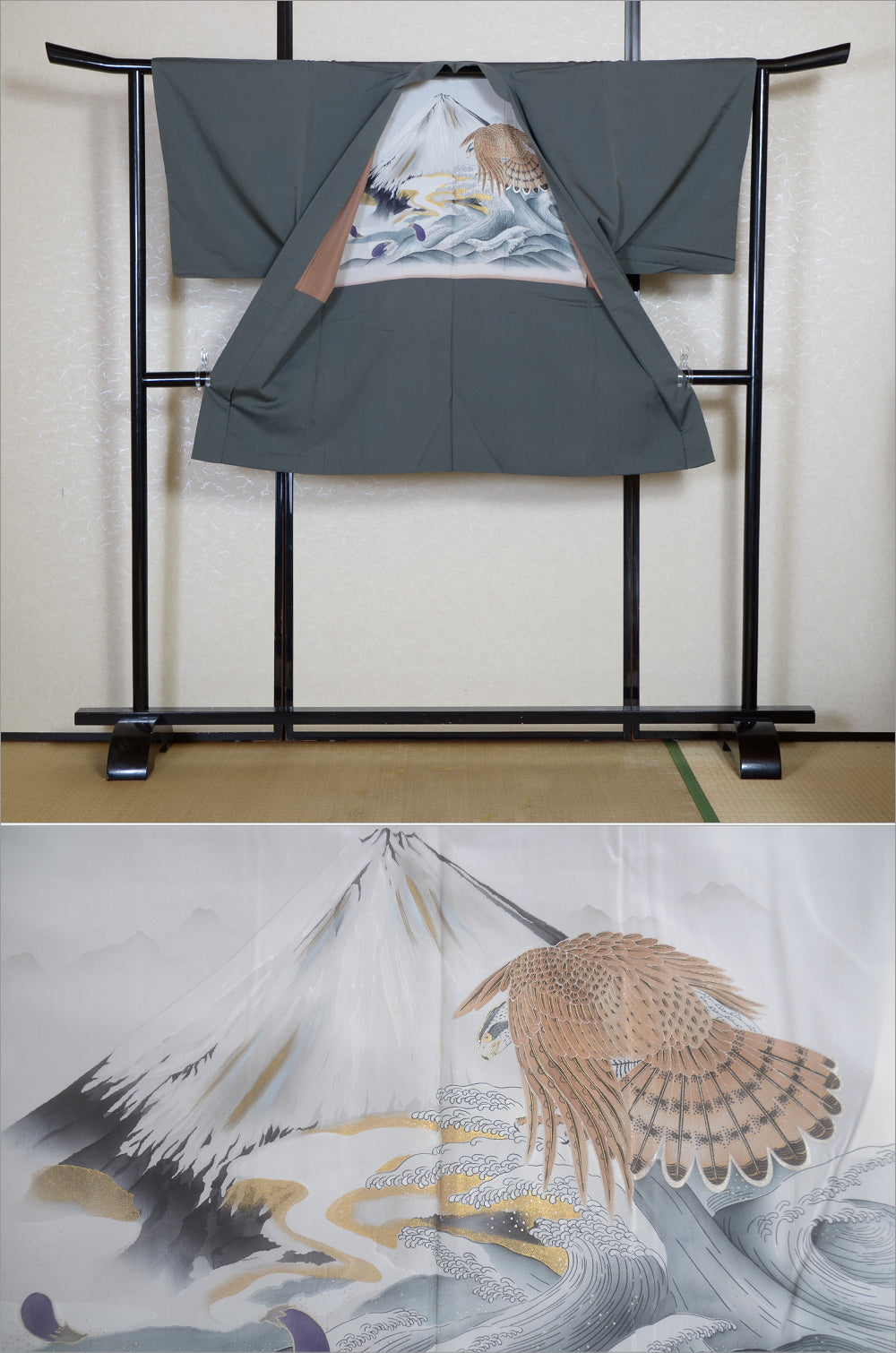 Men Jacket / M-Ha #1-726 (Men’s Kimono with Auspicious “First Dream” Motif – Mt. Fuji, Hawk, and Eggplant)