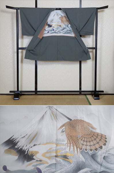 Men Jacket / M-Ha #1-726 (Men’s Kimono with Auspicious “First Dream” Motif – Mt. Fuji, Hawk, and Eggplant)