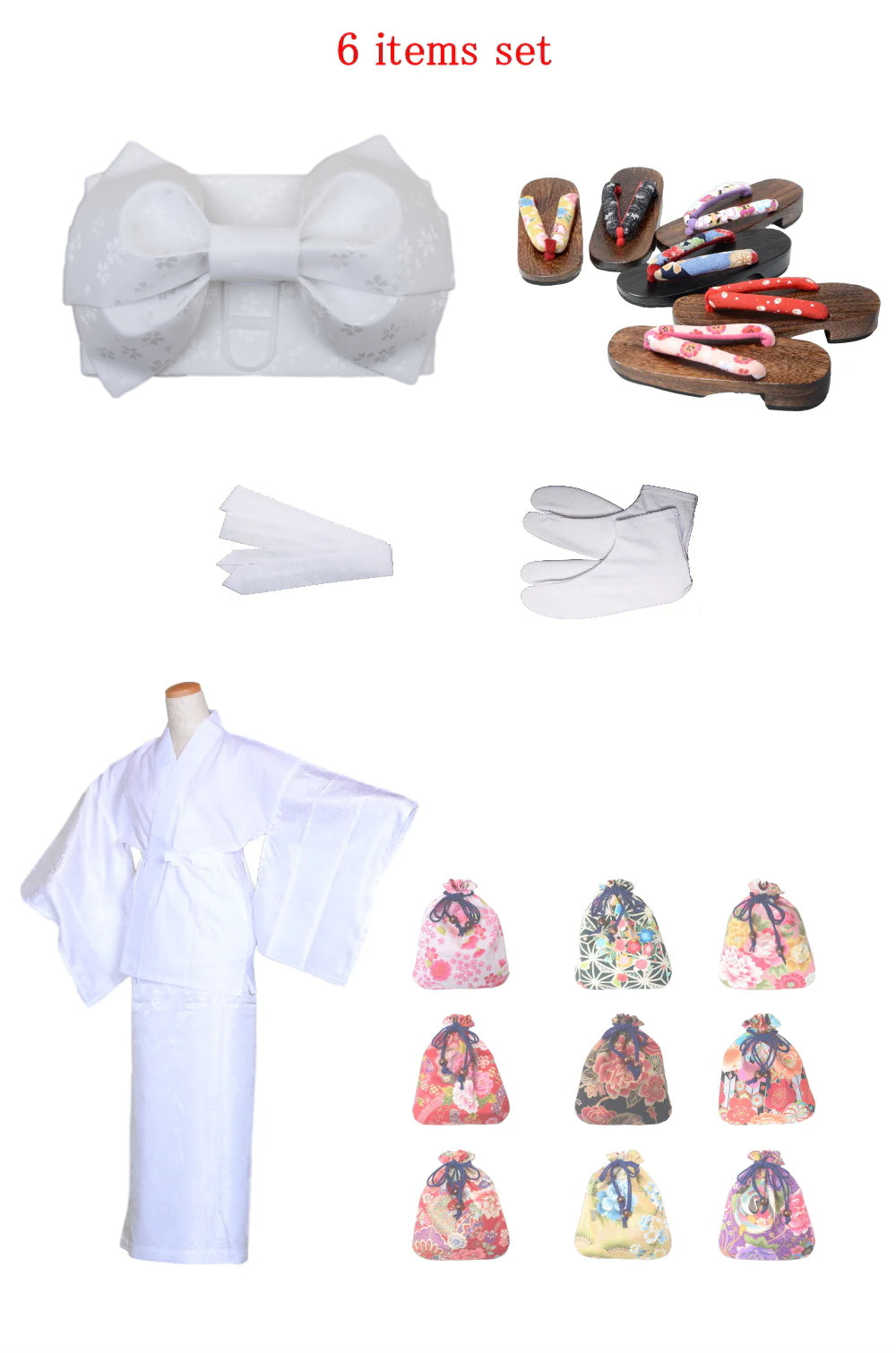 Obi belt and geta sandals set : Pre-tied / White #112 (TI)
