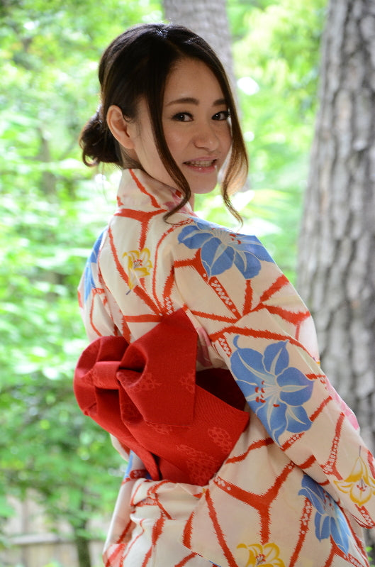 Pre-tied obi belt / Red Butterfly #02