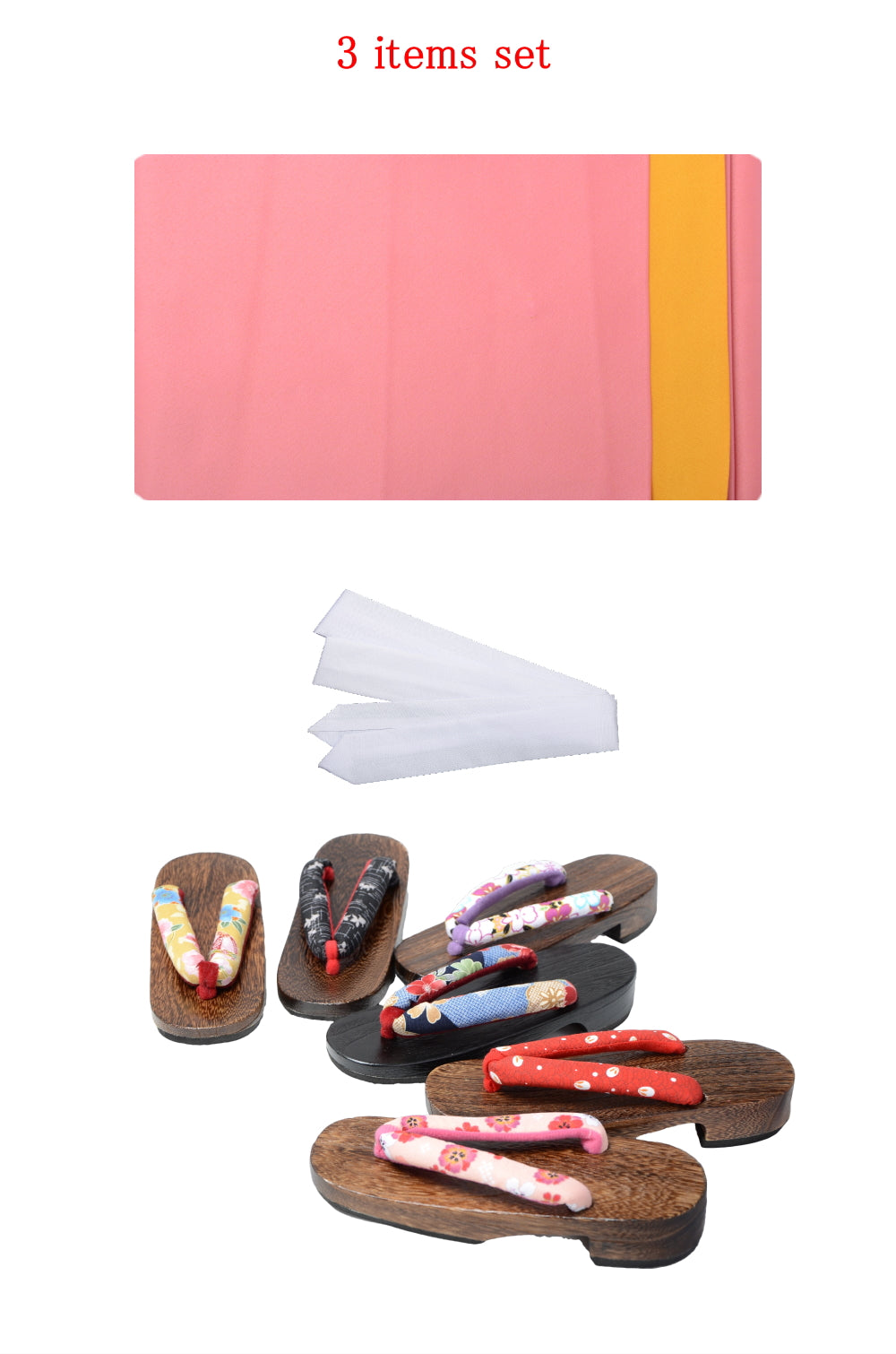 Obi belt and geta sandals set : Plain / Pink and Yellow