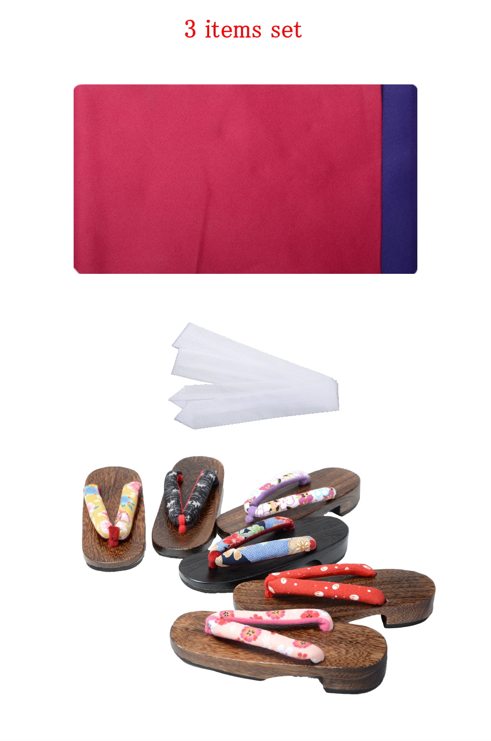 Obi belt and geta sandals set : Plain / Crimson red and Dark blue