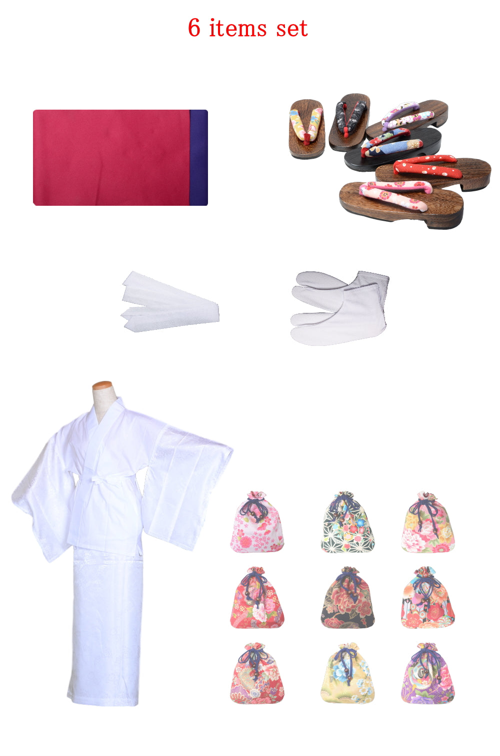 Obi belt and geta sandals set : Plain / Crimson red and Dark blue