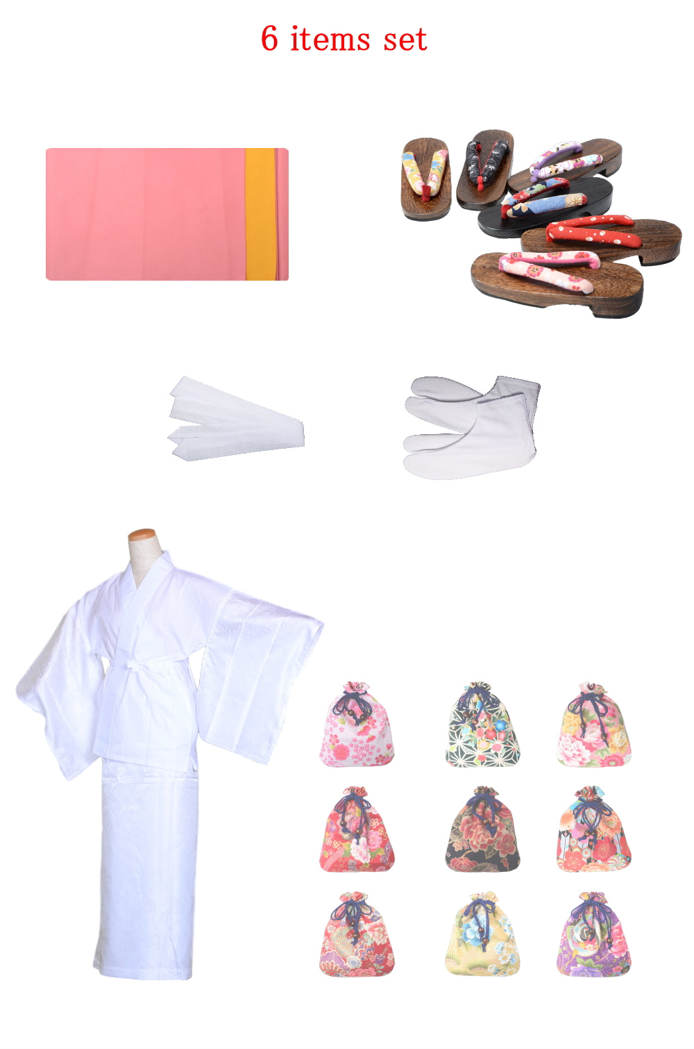 Obi belt and geta sandals set : Plain / Pink and Yellow