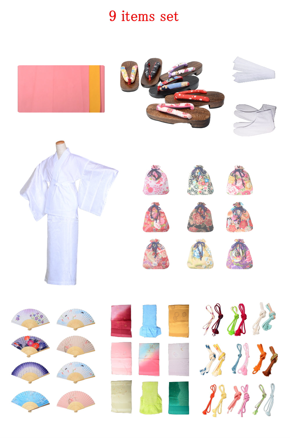 Obi belt and geta sandals set : Plain / Pink and Yellow