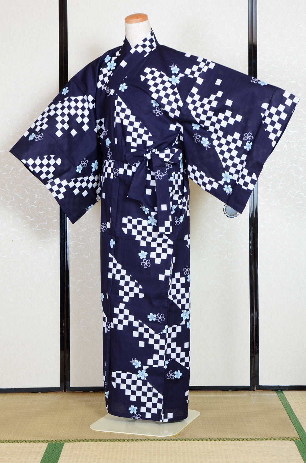 Yukata for indoor use /ichimatsu-sakura:YB553-indigo