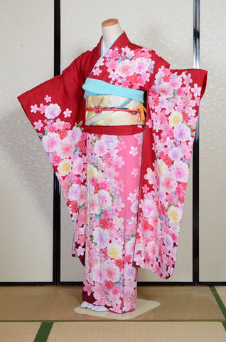 Furisode kimono. Long sleeved kimono. Japanese kimono. Japanese women obi belt. Tradiitonal obi. pre-tied obi. Obi age. Obi jime. kimono accessories.