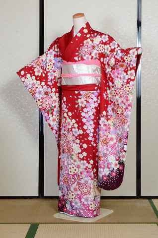 Furisode kimono. Long sleeved kimono. Japanese kimono. Japanese women obi belt. Tradiitonal obi. pre-tied obi. Obi age. Obi jime. kimono accessories.