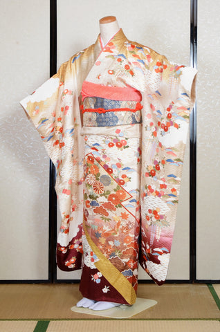 Furisode kimono. Long sleeved kimono. Japanese kimono. Japanese women obi belt. Tradiitonal obi. pre-tied obi. Obi age. Obi jime. kimono accessories.