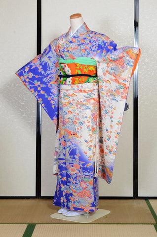 Furisode kimono. Long sleeved kimono. Japanese kimono. Japanese women obi belt. Tradiitonal obi. pre-tied obi. Obi age. Obi jime. kimono accessories.