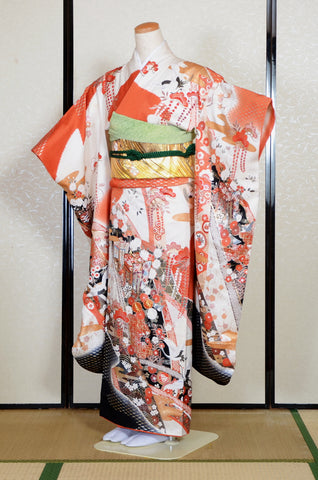 Furisode kimono. Long sleeved kimono. Japanese kimono. Japanese women obi belt. Tradiitonal obi. pre-tied obi. Obi age. Obi jime. kimono accessories.