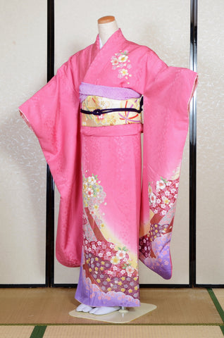 Furisode kimono. Long sleeved kimono. Japanese kimono. Japanese women obi belt. Tradiitonal obi. pre-tied obi. Obi age. Obi jime. kimono accessories.