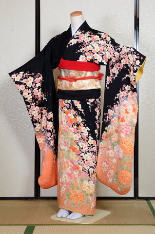 Furisode kimono. Long sleeved kimono. Japanese kimono. Japanese women obi belt. Tradiitonal obi. pre-tied obi. Obi age. Obi jime. kimono accessories.