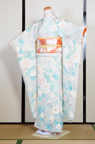Furisode kimono. Long sleeved kimono. Japanese kimono. Japanese women obi belt. Tradiitonal obi. pre-tied obi. Obi age. Obi jime. kimono accessories.