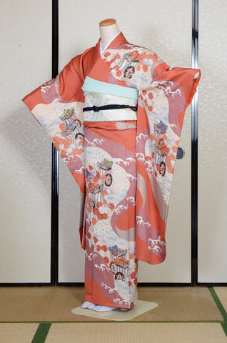 Furisode kimono. Long sleeved kimono. Japanese kimono. Japanese women obi belt. Tradiitonal obi. pre-tied obi. Obi age. Obi jime. kimono accessories.