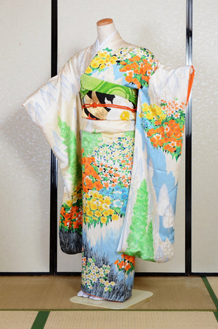 Furisode kimono. Long sleeved kimono. Japanese kimono. Japanese women obi belt. Tradiitonal obi. pre-tied obi. Obi age. Obi jime. kimono accessories.