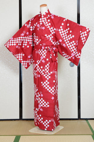 Yukata for indoor use /ichimatsu-sakura:YB552-red